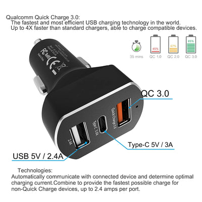 3-Port USB Car Charger Adapter QC 3.0 Fast Charging (Dual USB-A + USB-C Port)