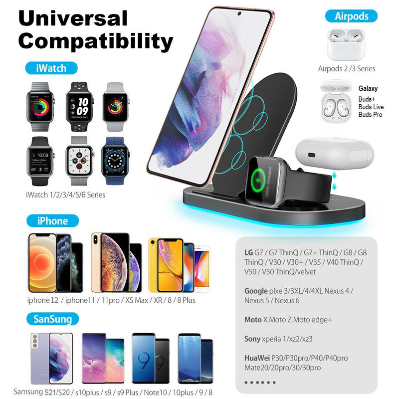 3 IN 1 Wireless Charging Station Qi 15W for iPhone 12/11/Xs/XR/8,iWatch SE/6/5/4