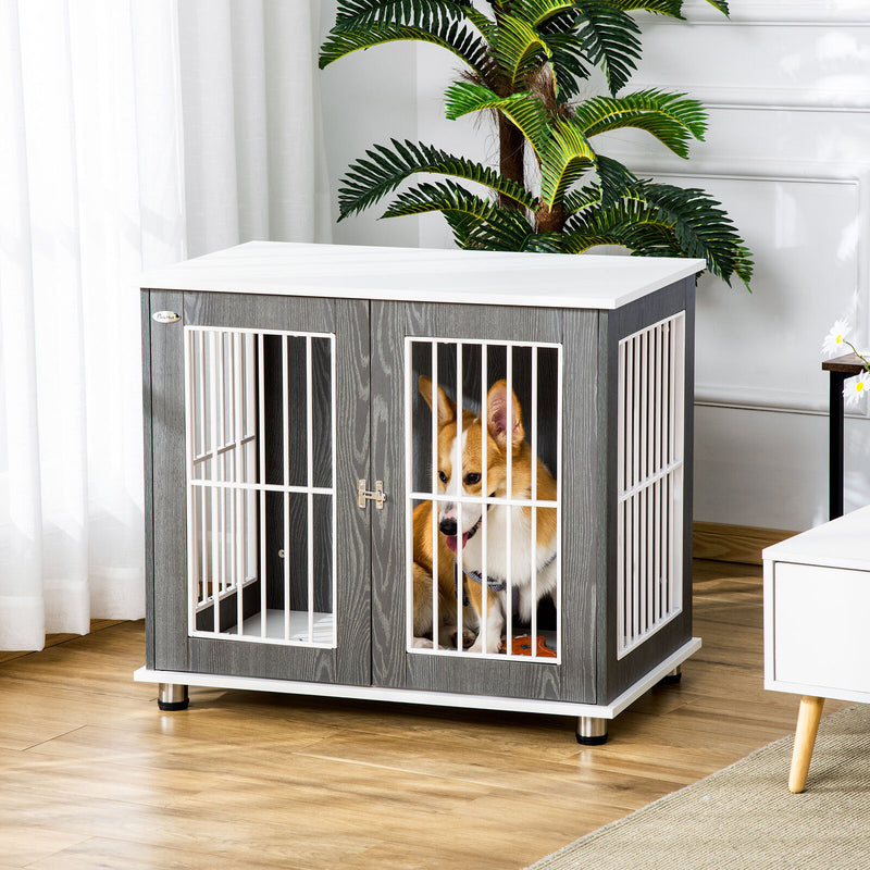 Wooden Dog Cage Furniture Style Pet Kennel Crate w/ Adjustable Foot Pads, Grey 196393066560