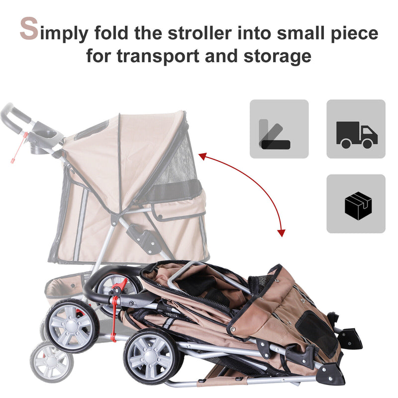 Pet Stroller Cat Dog Foldable Carrier Cart W/ Cup Holder