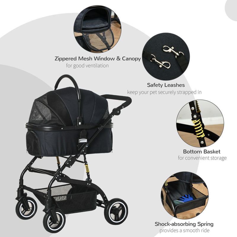 PawHut Pet Stroller Foldable Dog Travel Carriage 2-In-1 Design Carry Bag Black