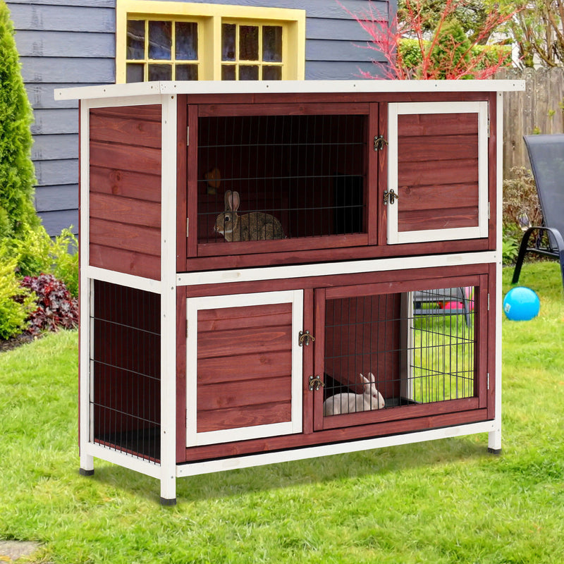 Pawhut 48&quot; 2 Story Elevated Wooden Rabbit Hutch Yard Bunny Cage w/ Tray &amp; Ramp