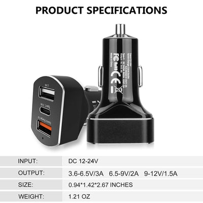 3-Port USB Car Charger Adapter QC 3.0 Fast Charging (Dual USB-A + USB-C Port)