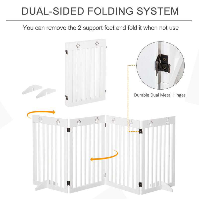 PawHut Pet Gate Foldable Fence Freestanding Dog Barrier w/ Support Feet White