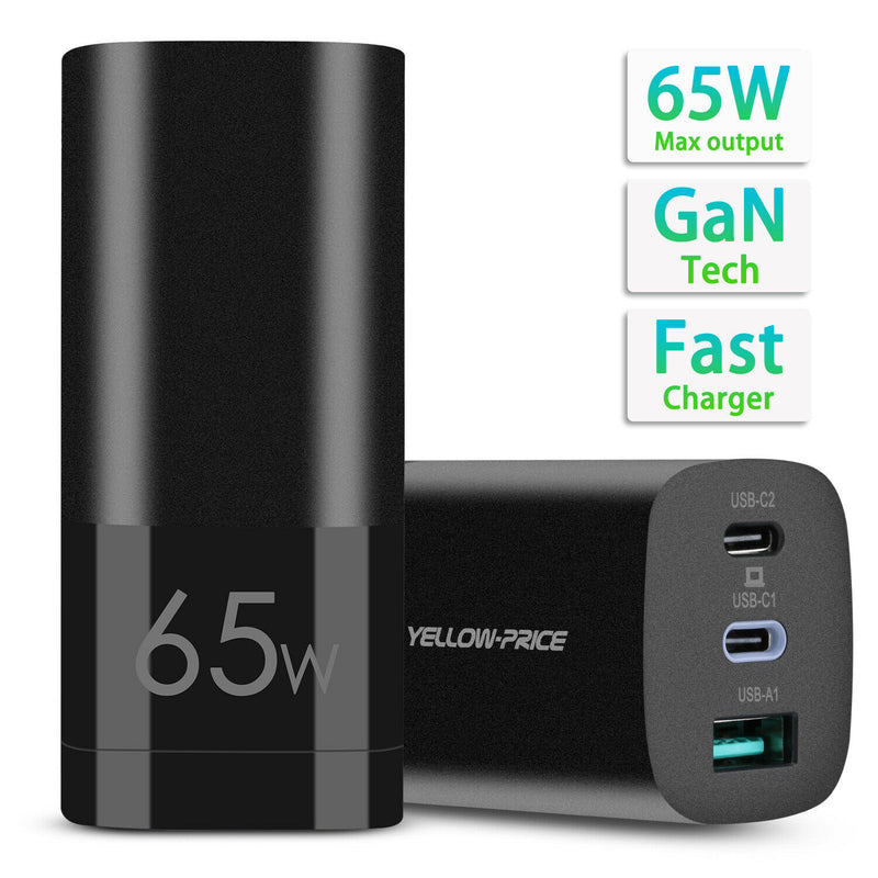 YELLOW-PRICE PD 3.0 USB C Charger 65W [GaN Power Tech] w/ Dynamic Detect, 3-Port