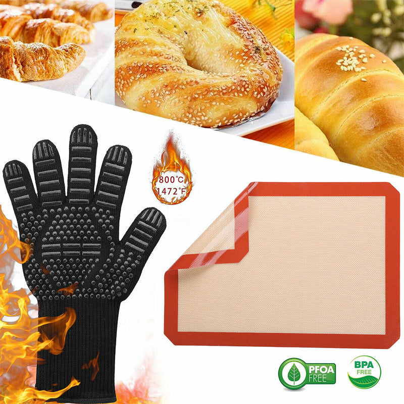 1472 ℉ Extreme Heat Resistant BBQ Gloves Oven Gloves + Baking Mat Non-Stick Red