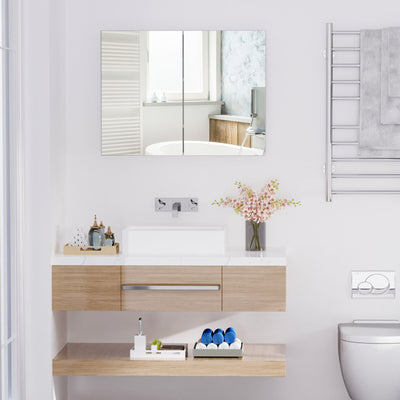 Bathroom Mirror Cabinet Wall Mounted with Double Door Storage Shelves White