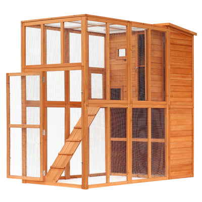 Wooden Cat Home Enclosure Pet House Shelter Cage Outdoor Play Area Run, Natural 712190176617