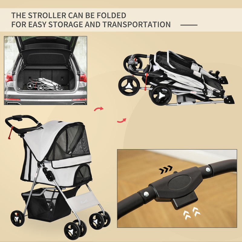 PawHut Cat Dog Carrier Cart Foldable with Storage Basket Cup Holder, Grey