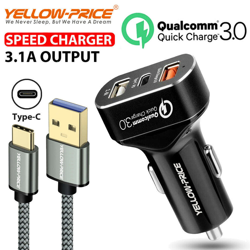 12-24V Car Charger Socket QC3.0 Dual USB Port and C type Phone Fast Charging CA