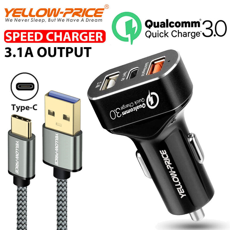 3-Port USB Car Charger Adapter QC 3.0 Fast Charging (Dual USB-A + USB-C Port)