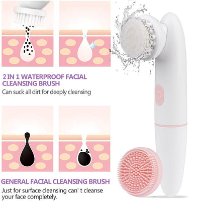 IPX6 Waterproof Sonic Facial Cleansing Brush- 2 Speed Modes, 2 Brush Heads, Base