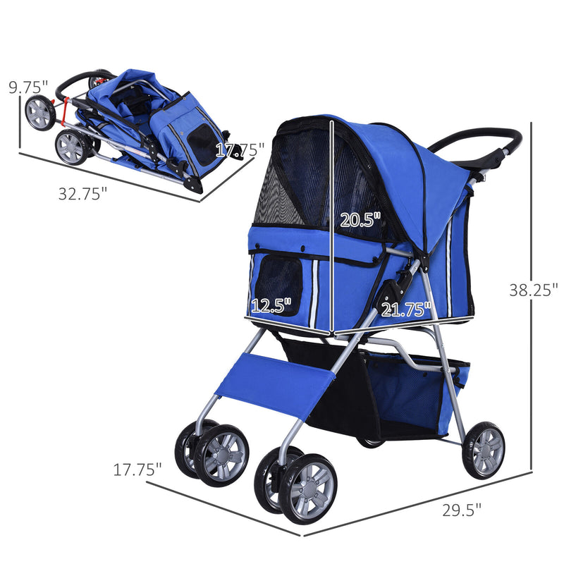 4 Wheel Pet Stroller Cat Dog Jogger Folding Sunshade Canopy Blue