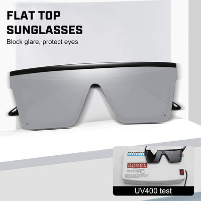 Fashion Oversized Flat Top Shield Sunglasses Square Rimless with HD Lenses& Case