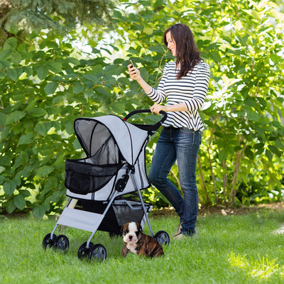 4 Wheel Pet Stroller Cat Dog Jogger Folding Sunshade Canopy Grey