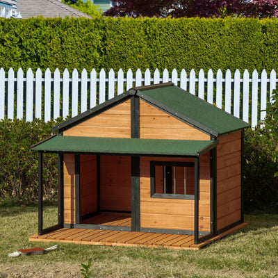 Outdoor Wooden Raised Cabin Dog House w/ Porch, Medium/Large, 53 Lbs., Yellow 196393161319