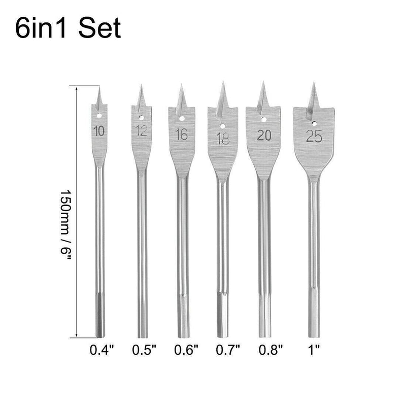 6 Piece Deep Hex Shank Extra Long  Flat Spade Drill Bit Set Kit for Wood Boring