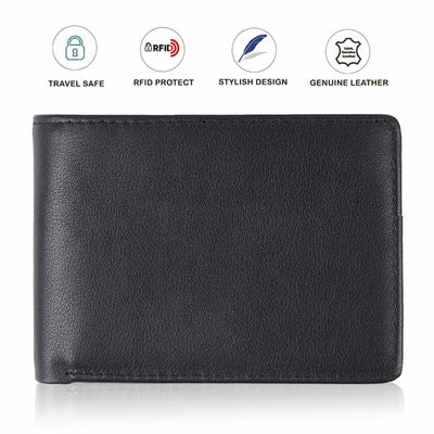 Mens RFID Blocking Bifold Wallet Soft 100% Genuine Leather with ID Window- Black