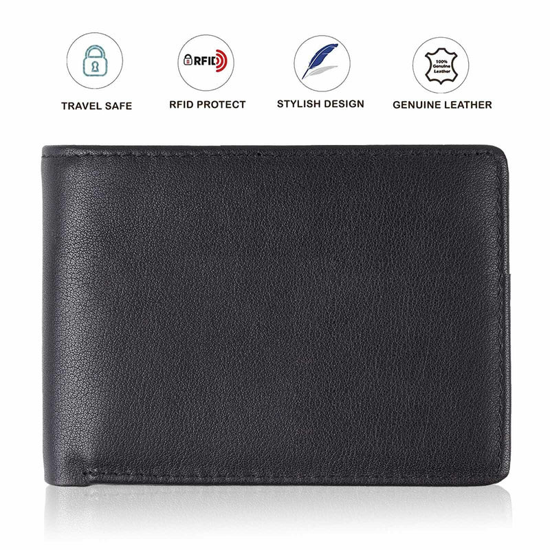 Mens RFID Blocking Bifold Wallet Soft 100% Genuine Leather with ID Window- Black