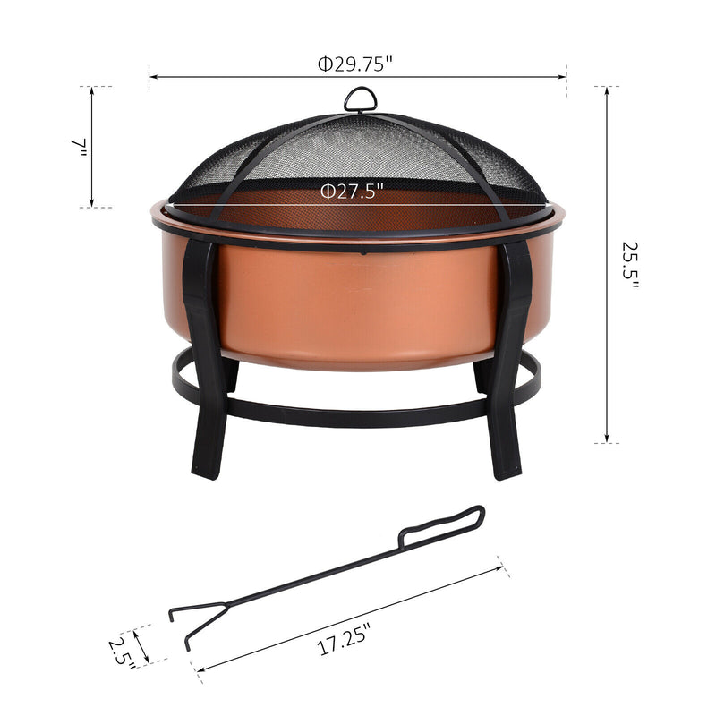 30" Steel Round Patio Fire Pit Wood Log Burning Deep Basin, w/ Poker, Grate