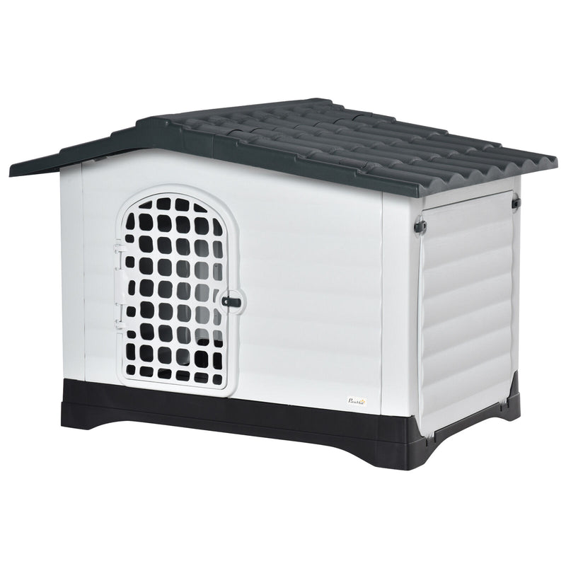 Dog Kennel House Puppy Indoor & Outdoor Pet Shelter With Raised Base Grey