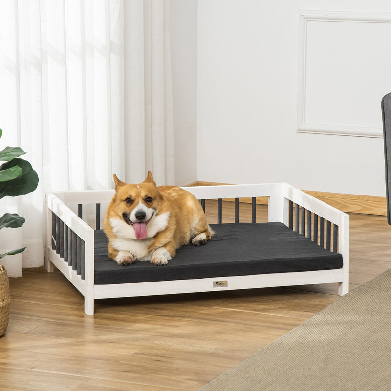 Wood Dog Bed with Removable Cushion Cover, Supportive Sponge, Elevated Dog Bed 196393252758