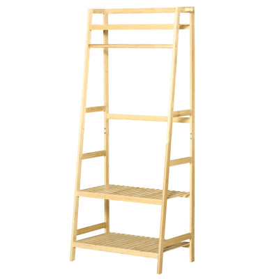 Bamboo Garment Rack Wooden Clothing Rack w/ 3 Tier Shelves Hooks Hanging Rail