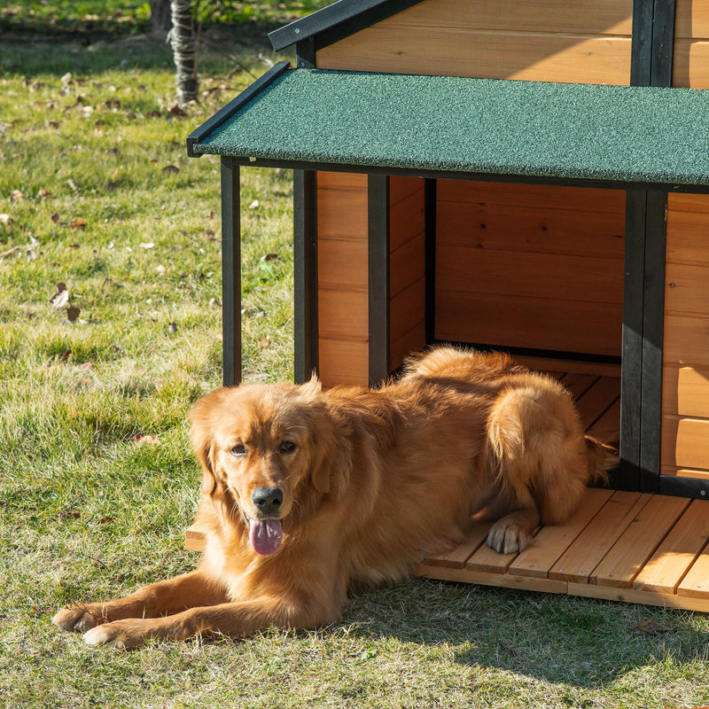 Outdoor Wooden Raised Cabin Dog House w/ Porch, Medium/Large, 53 Lbs., Yellow 196393161319