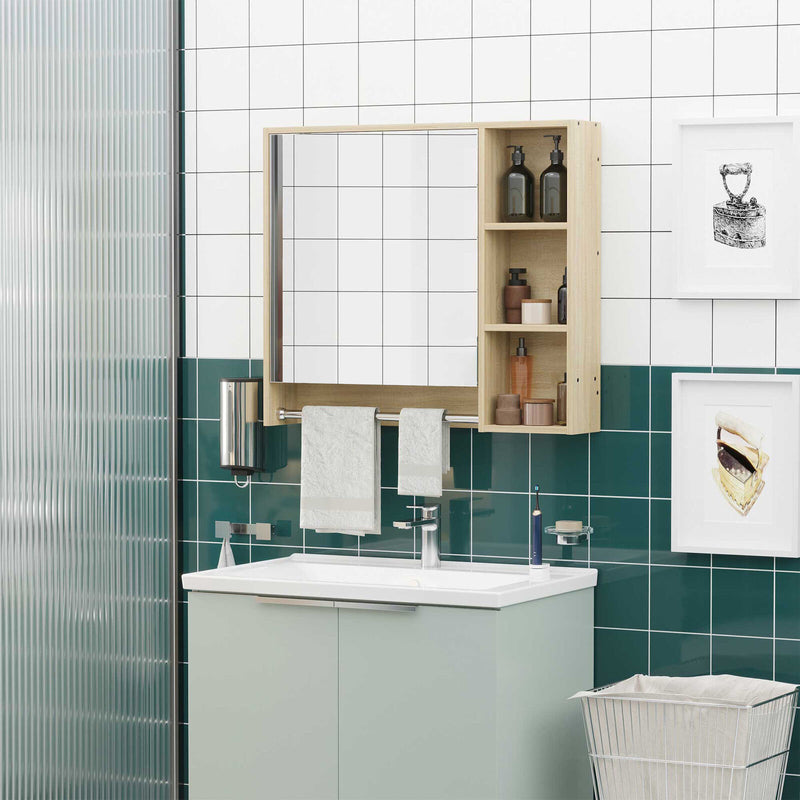 Bathroom Cabinet Mirrored Door Wall Mounted W/ Tower Bar Storage Natural