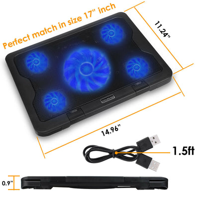 15.6"-17" Laptop Cooler Cooling Pad - Slim Portable USB Powered (5 Fans) Quiet