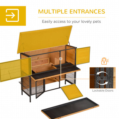 Bunny Cage w/ Slide-Out Tray Run Area Lockable Doors for Small Animals, Fir Wood