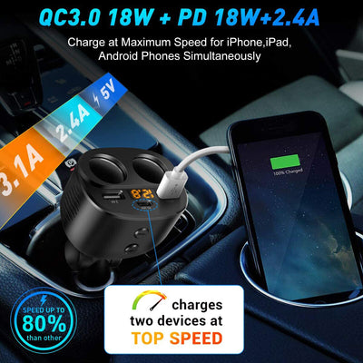 USB C Car Charger, 2 Sockets Cigarette Lighter Splitter 12/24V 80W LED Display