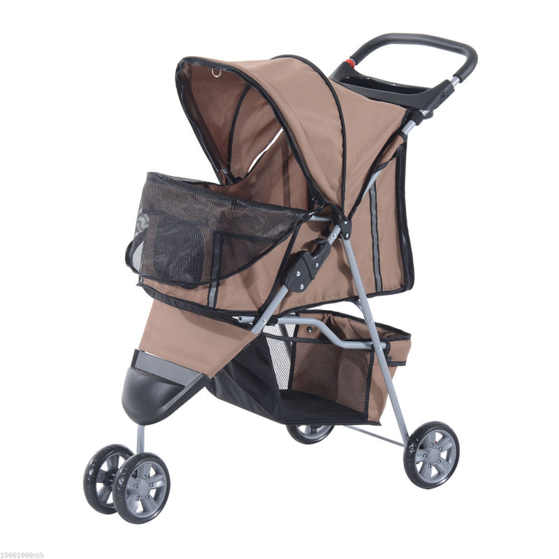 Folding Dog Stroller 3 Wheels Carrier with Brake and Canopy Coffee