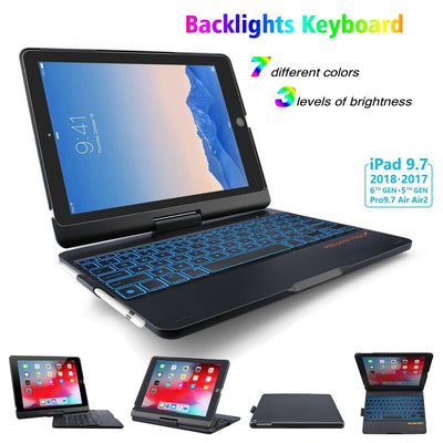 For iPad 6 7th, Air 3rd, Pro 11" 12.9" Rotatable Backlit Wireless Keyboard Case