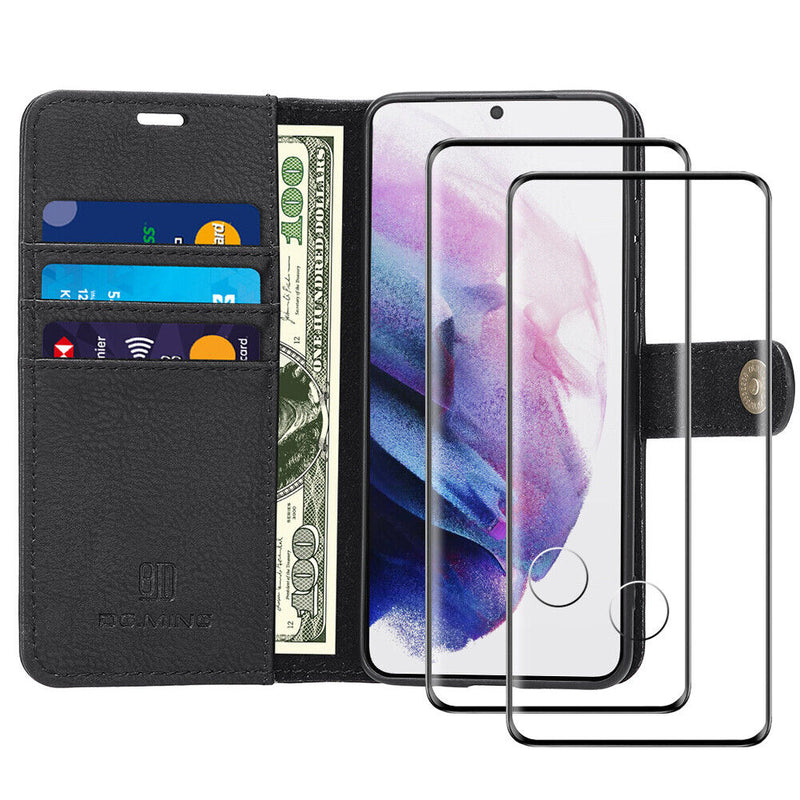 [Card Slot] Luxury Leather Wallet Case & 2xTempered Glass Films for Galaxy S21+