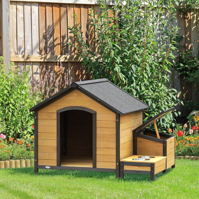 Wooden Dog House Outdoor Cabin Style, w/ Weather Resistant Roof, 2 Bowls