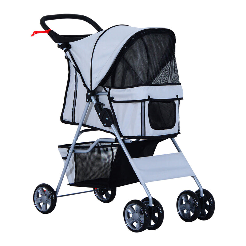 4 Wheel Pet Stroller Cat Dog Jogger Folding Sunshade Canopy Grey