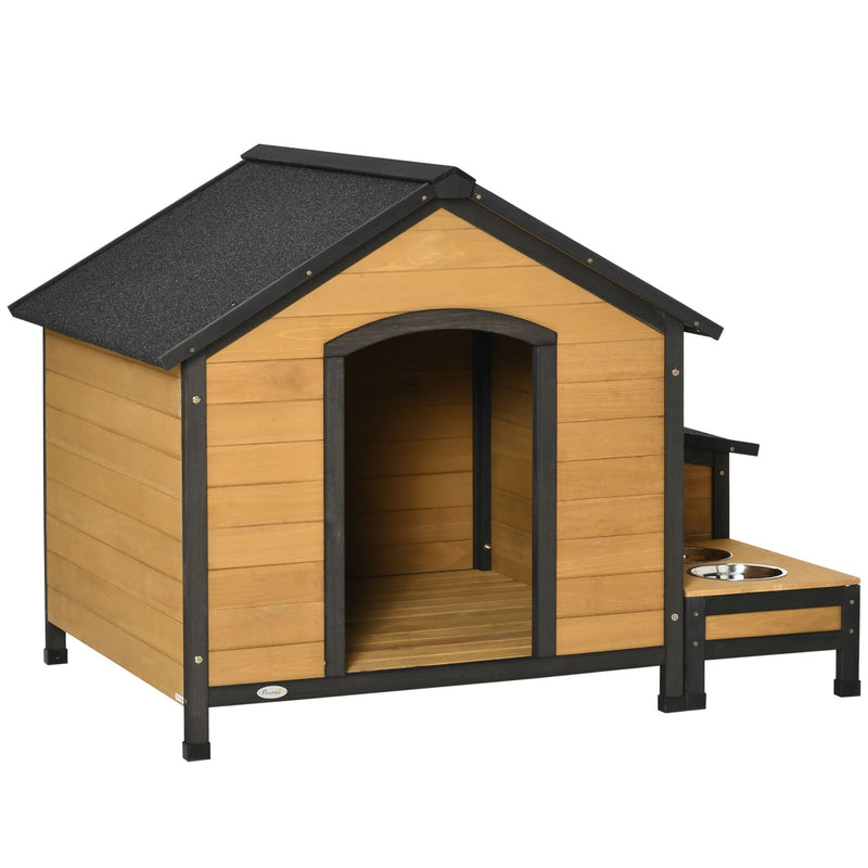 Wooden Dog House Outdoor Cabin Style, w/ Weather Resistant Roof, 2 Bowls