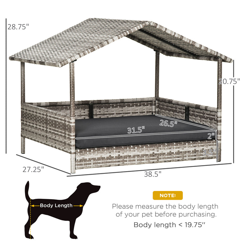 Elevated Wicker Dog House, Raised Rattan Pet Bed Cabana w/ Cushion, Canopy, Grey 196393070789