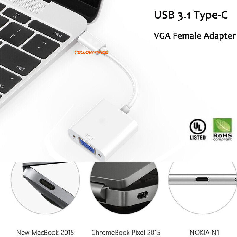 USB 3.1 Type-C to VGA Adapter Cable FHD 1080P for 2020-2016 MacBook Pro/Air 13