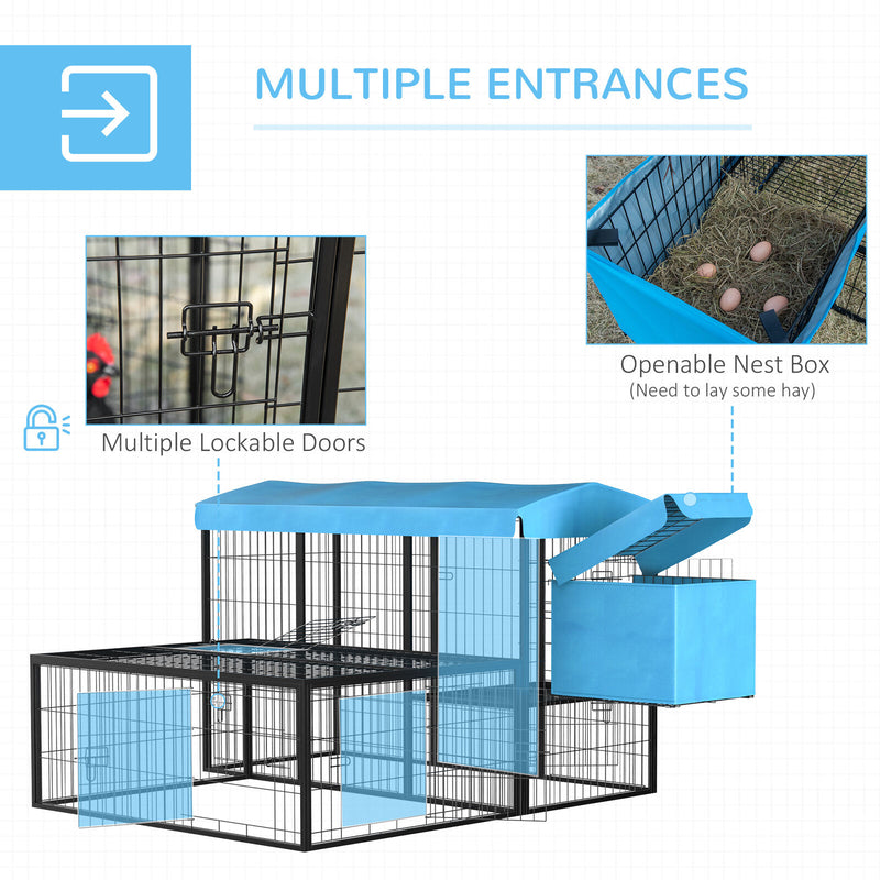 Metal Chicken Coop, Outdoor Poultry Cage, w/ Run, Nesting Box, Canopy, Blue 196393165836