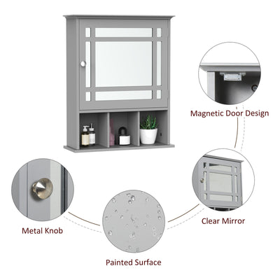 kleankin Wall Mount Mirror Cabinet with Door Shelf Bathroom & Powder Room Grey