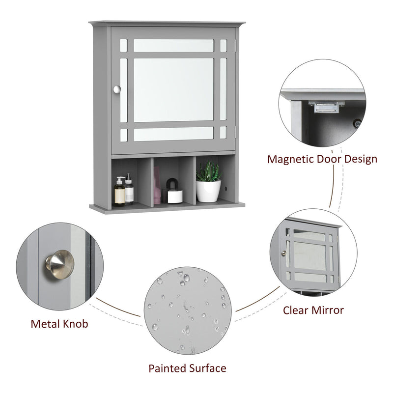 kleankin Wall Mount Mirror Cabinet with Door Shelf Bathroom & Powder Room Grey