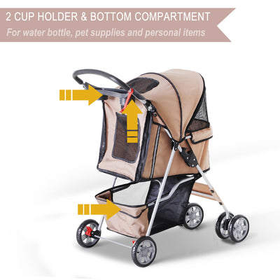 Pet Stroller Cat Dog Foldable Carrier Cart W/ Cup Holder