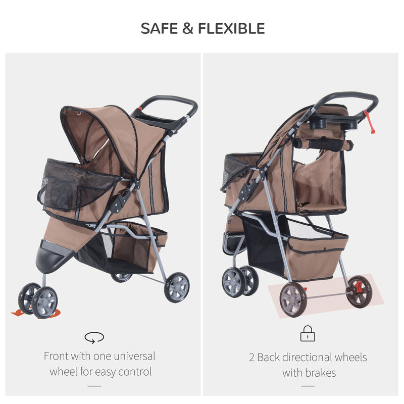 Folding Dog Stroller 3 Wheels Carrier with Brake and Canopy Coffee