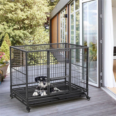 43" Large Metal Dog Crate Folding Kennel Heavy Duty Cage w/ Wheels & Tray Black