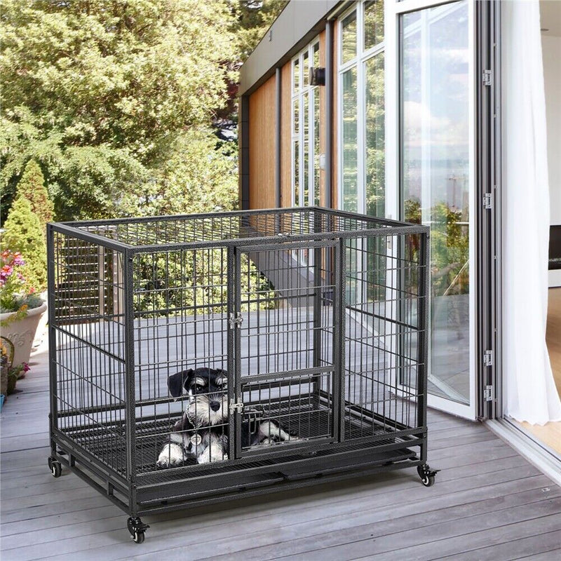 43" Large Metal Dog Crate Folding Kennel Heavy Duty Cage w/ Wheels & Tray Black