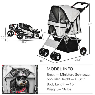 PawHut Cat Dog Carrier Cart Foldable with Storage Basket Cup Holder, Grey