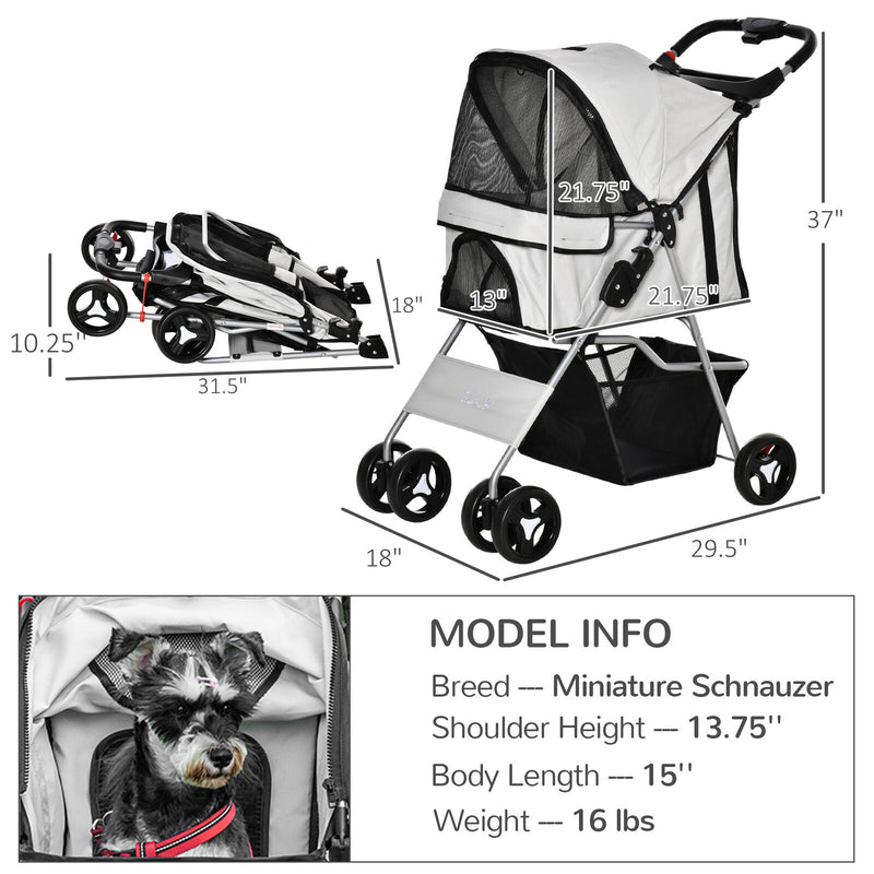 PawHut Cat Dog Carrier Cart Foldable with Storage Basket Cup Holder, Grey