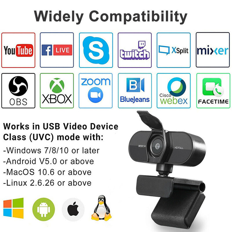 30FPS AutoFocus 1080P USB 2.0 Webcam Built-in Stereo Noise Reduction Microphone